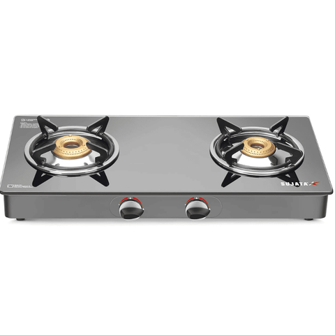 Sujata Cooktop Standard AI, 2 Burner Glass Top Auto Ignition Brass Burner Gas Stove (Black)
