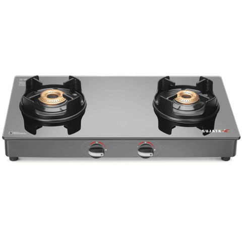 Sujata Cooktop Deluxe, 2 Burner Glass Top Brass Burner Gas Stove (Black)
