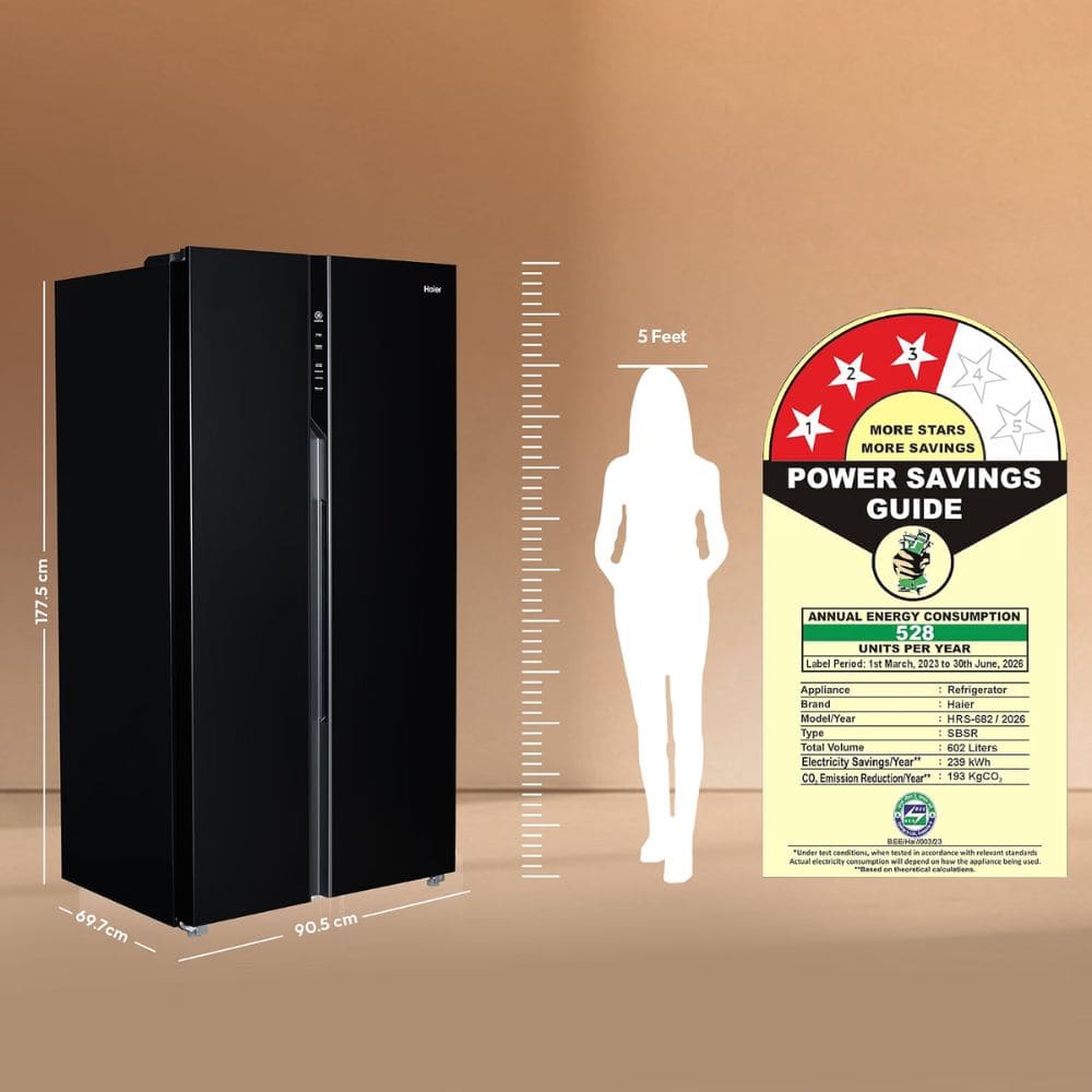 Haier 602 Ltrs, 3 Star Expert Inverter Frost Free 2 Door Side by Side Refrigerator (HRS 682KGU1, Black Glass)