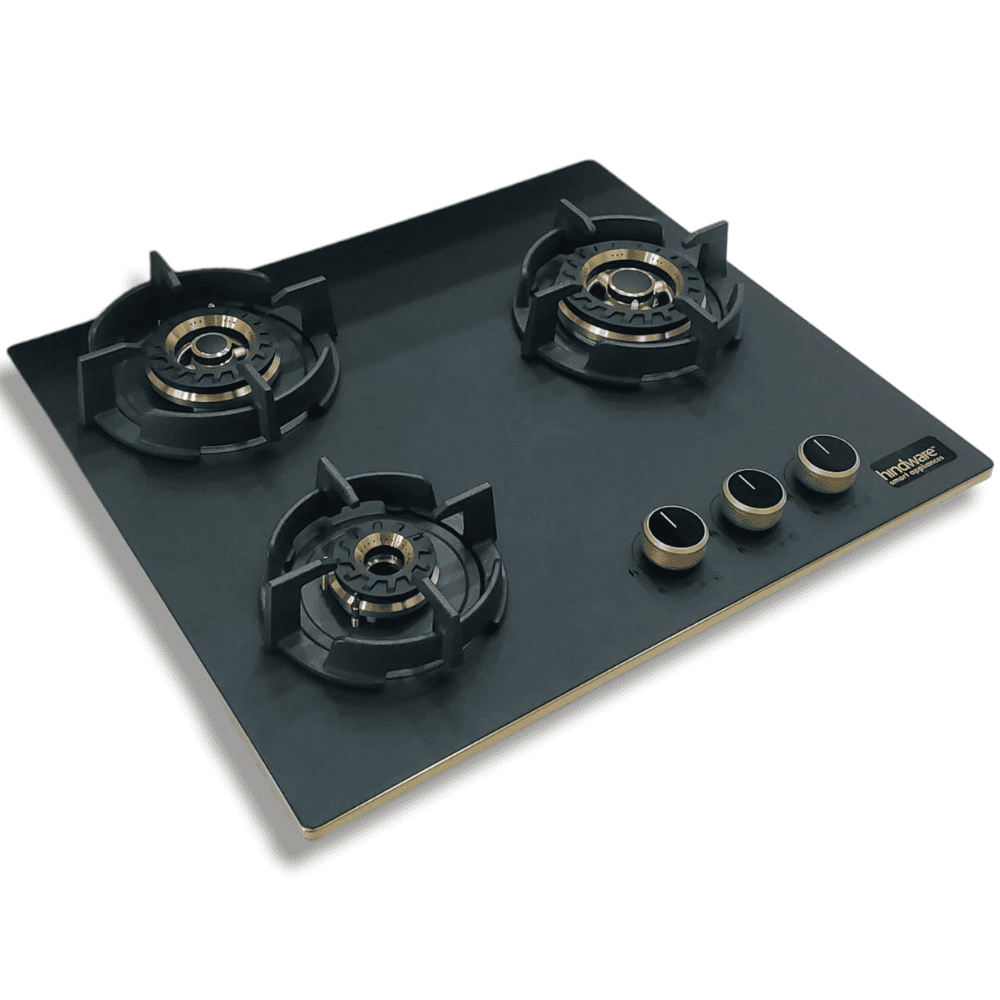 Hindware Hob, IVANA 3B 60, 3 burner 60 cm Frost Glass Metallic Finish Brass Burners 1 Medium + 1 Small + 1 High (Black)