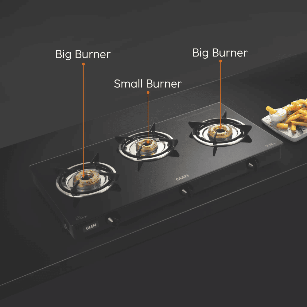 Glen Cooktop, 1037 GT BB, 3 Burner cm Auto Manual Glass Top Brass Burner 1 Big + 1 Medium + 1 small Gas Stove (Black)