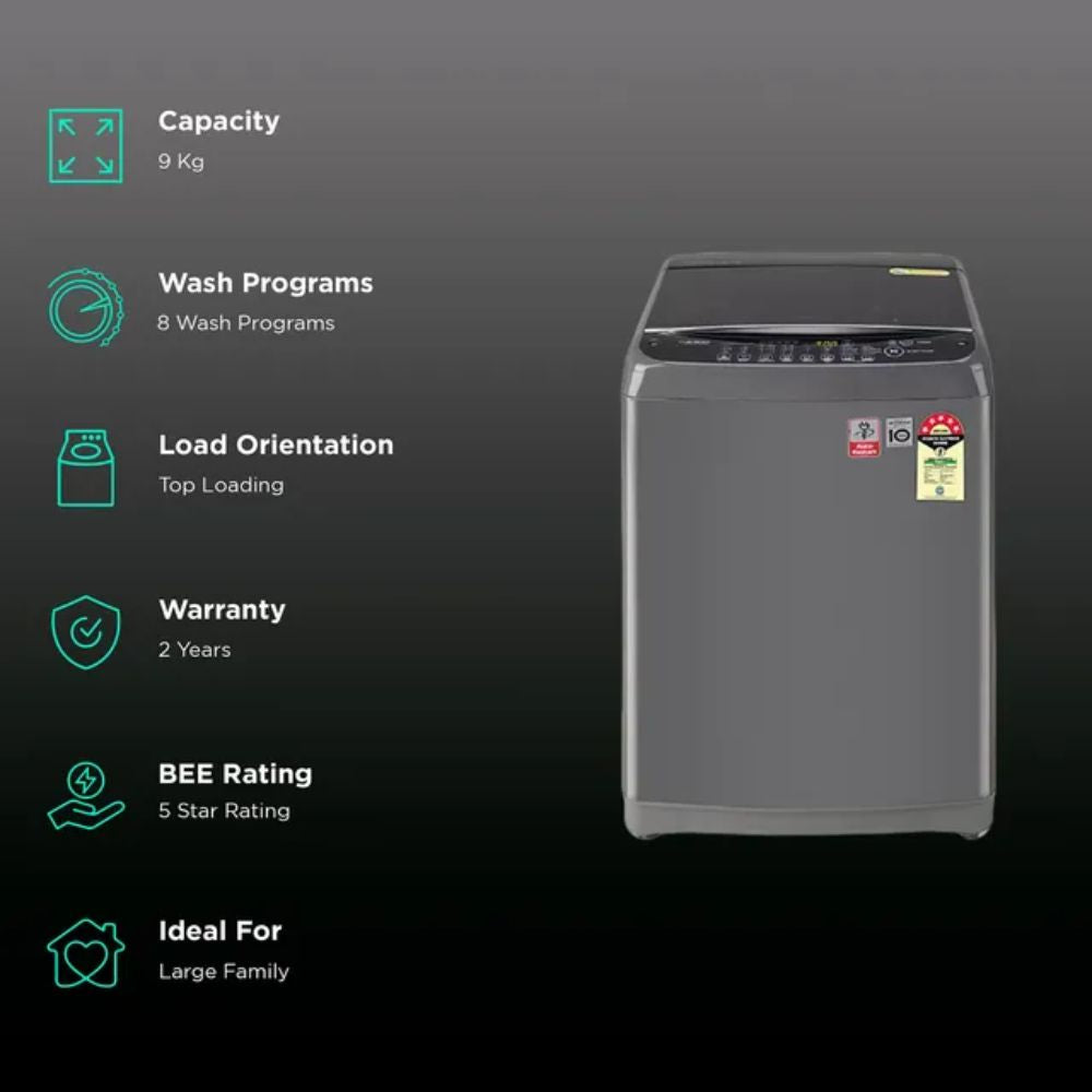 LG T90AJPB1Z, 9 Kg 5 Star Fully-Automatic Top Load Washing Machine (Middle Black, Smart Inverter)