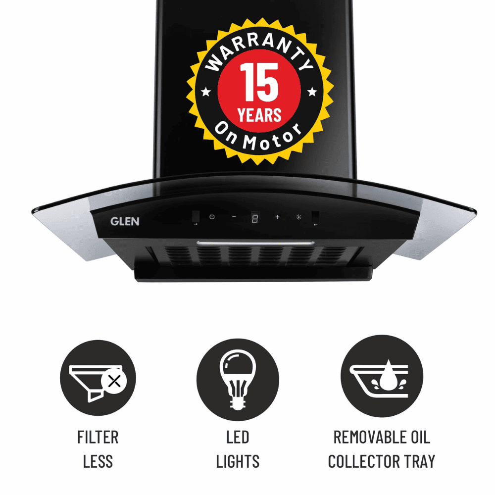 Glen 6059 DI BL, 60 cm 1500 m3/hr Auto Clean Wall Mounted Chimney, Filterless Technology (Black)