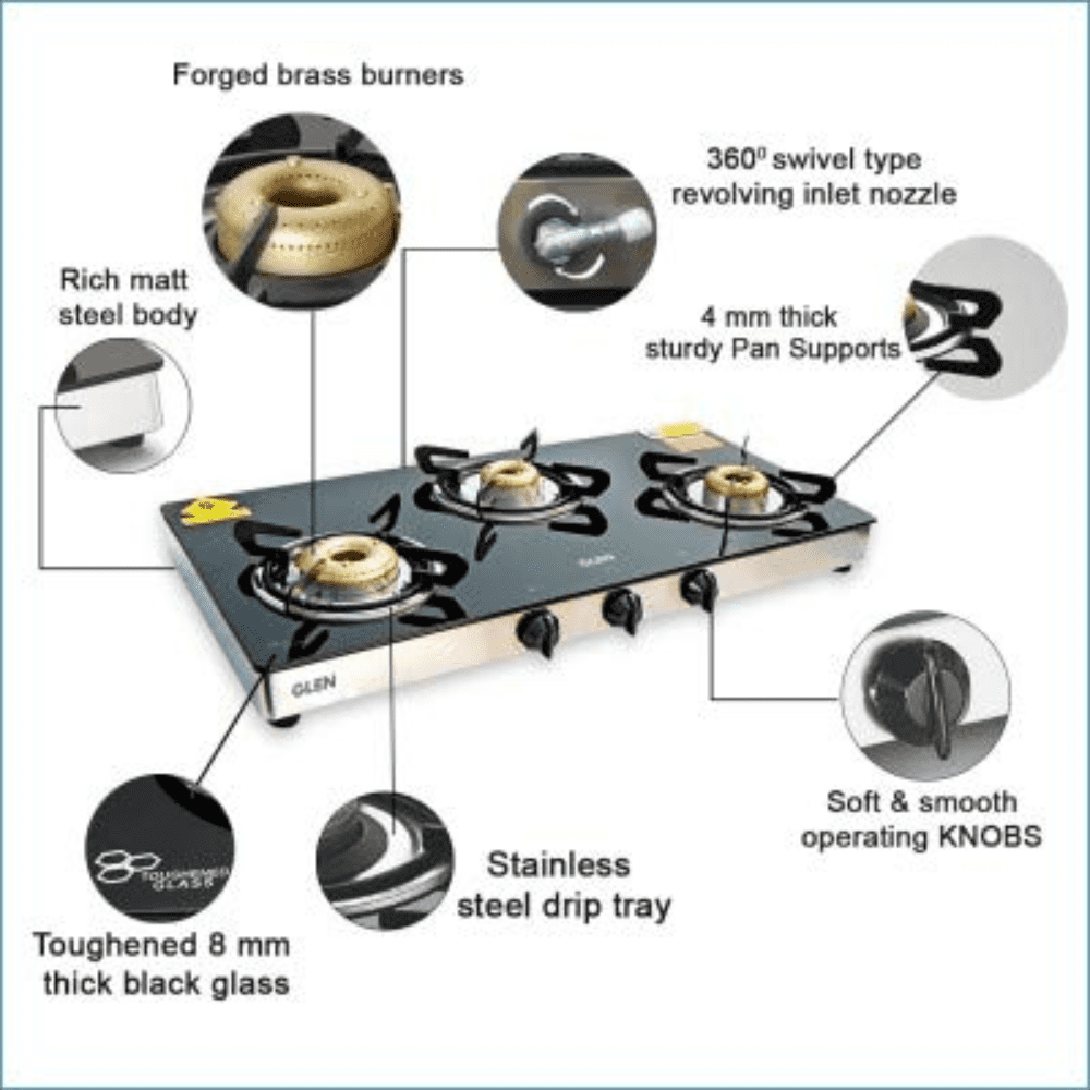 Glen Cooktop, 1037 GT BB Blk 3 Burner 72 cm Manual Ignition Glass Top Brass Burners 3 Medium Gas Stove (Black)
