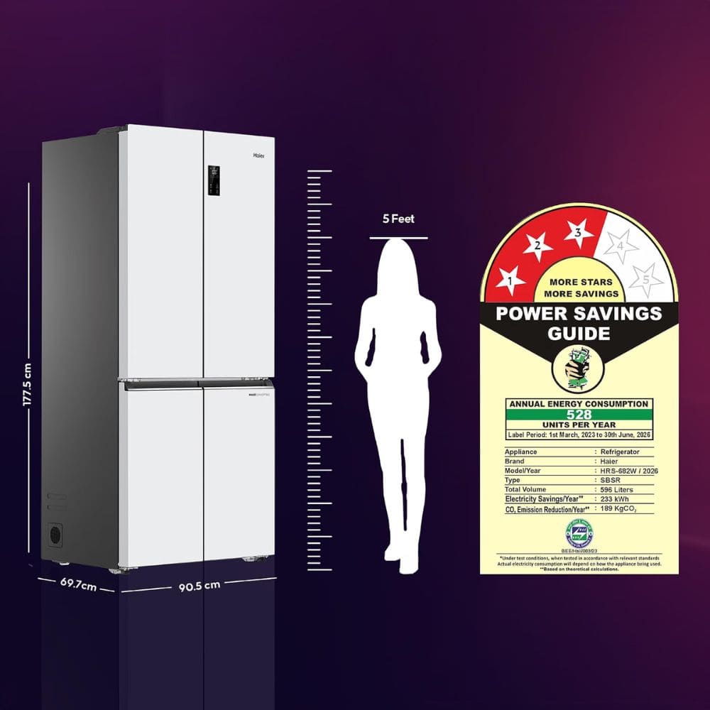 Haier 520 Ltrs, 3 Star Lumiere Frost Free Triple Inverter French Door Side by Side Refrigerator (HRB 600PW, Pearl White)