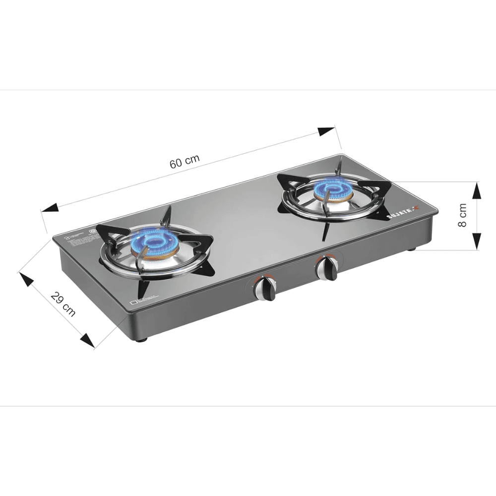 Sujata Cooktop Standard, 2 Burner Glass Top Brass Burner Gas Stove (Black)