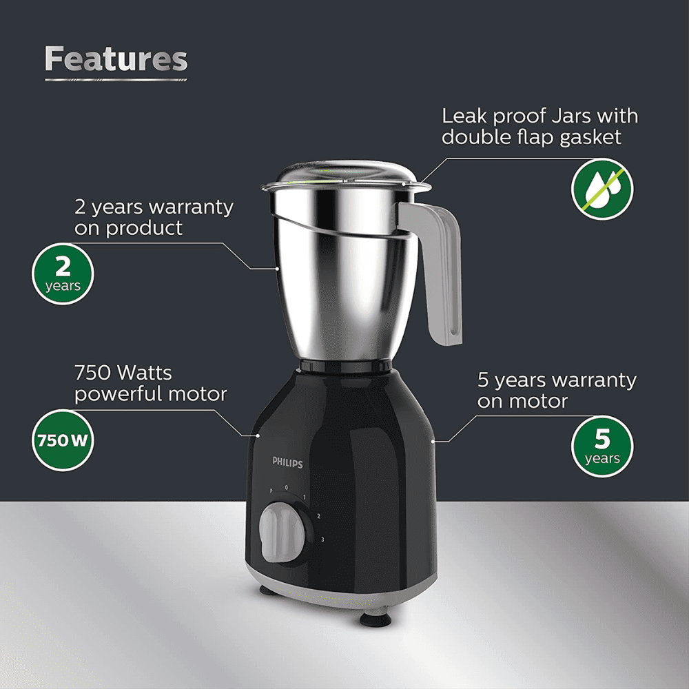 Philips HL7757/00 750 Watt Mixer Grinder 3 Stainless Steel Multipurpose Jars (Black)
