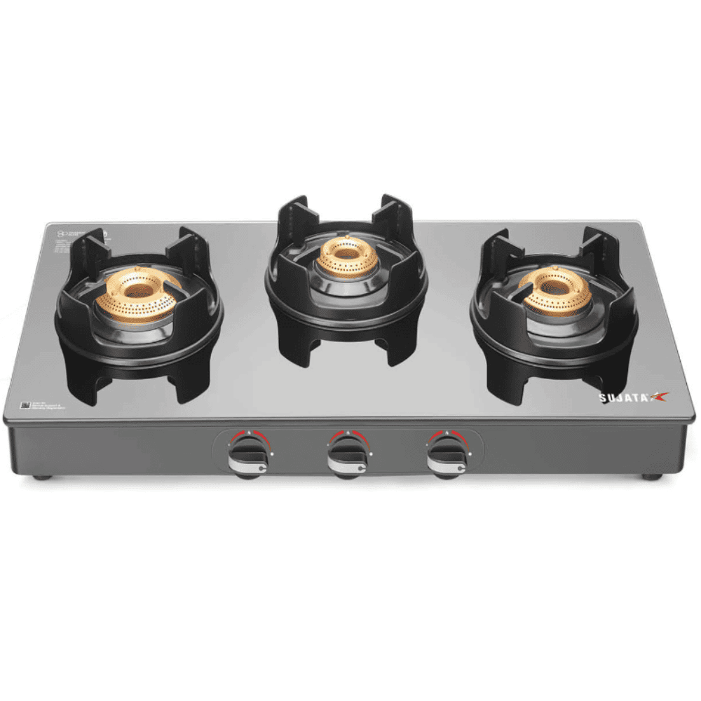 Sujata Cooktop Deluxe, 3 Burner Glass Top Brass Burner Gas Stove (Black)