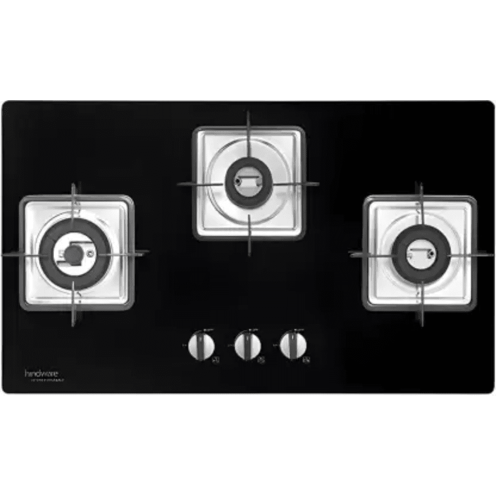Hindware Hob, ROSIA 3B 76 CM, 3 Burner 76 cm Auto Ignition Glass Top Full Brass Burners 2 Medium + 1 small Gas Stove (Black)