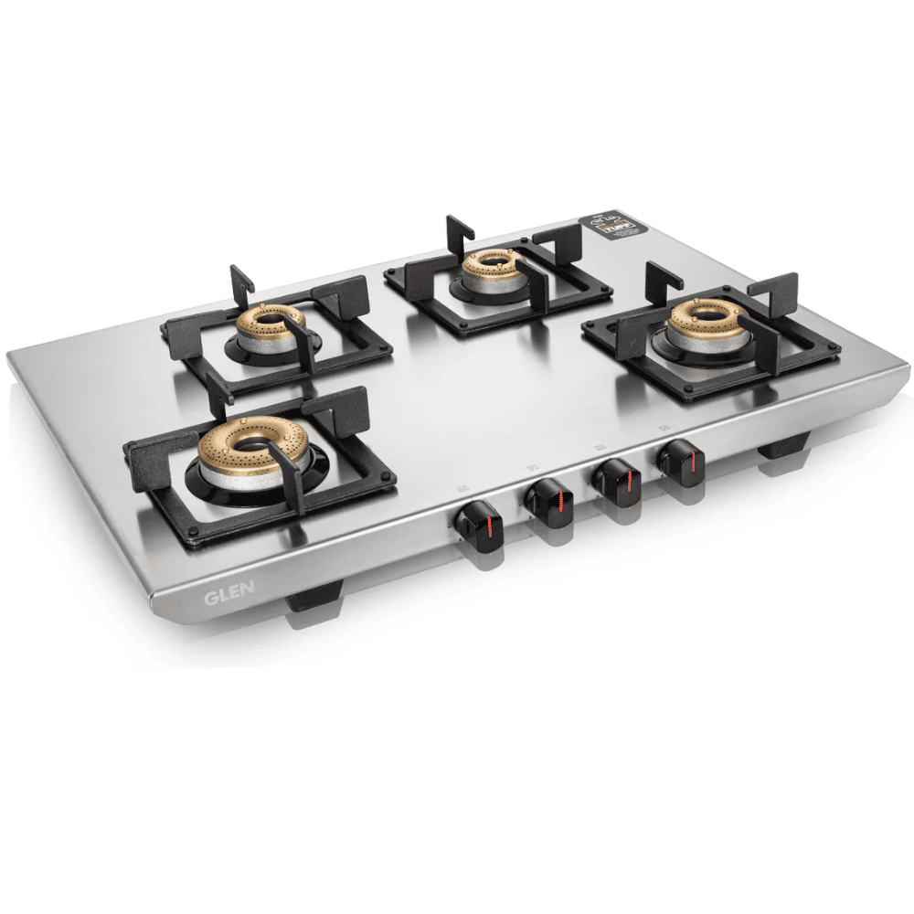Glen Cooktop,1054 UT SS, 4 Burner cm Auto Ignition Glass Top Brass Burner 1 Big + 1 Medium + 2 small Gas Stove (Black)