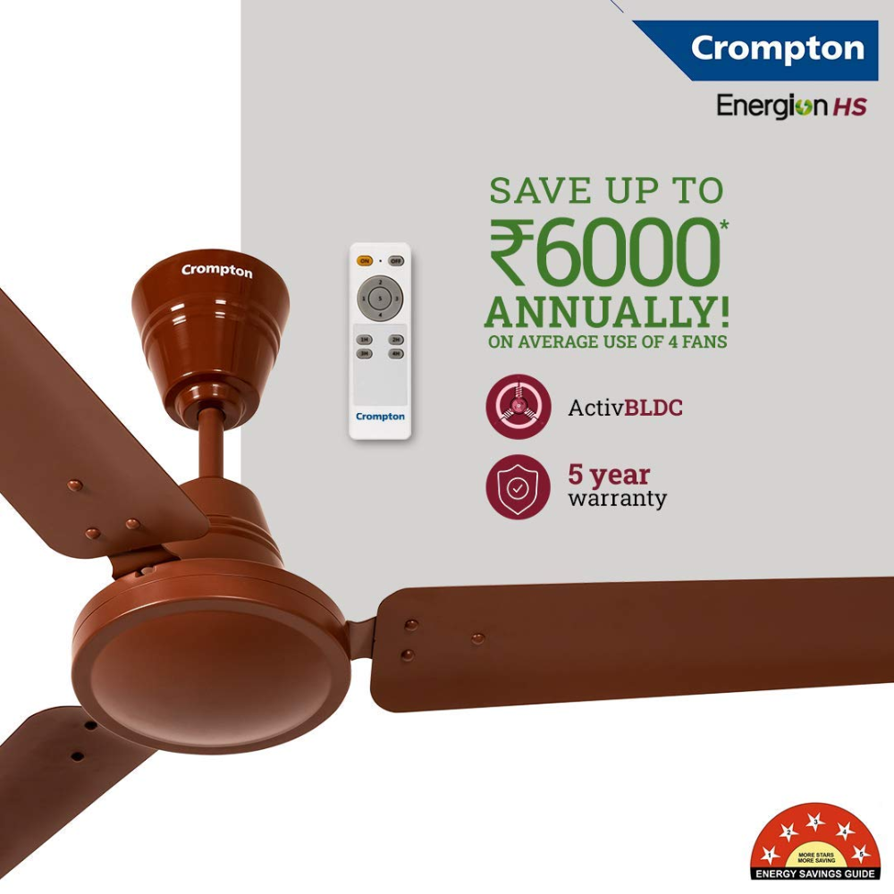Crompton 1200mm 3 Blade 5 Star Rated High Speed BLDC Ceiling Fan (Energion))