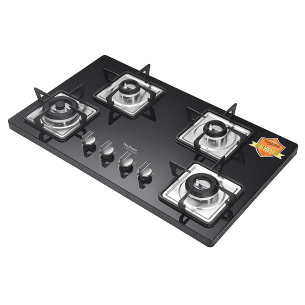 Hindware Hob, ROSIA 4B 60CM, 4 Burner 60 cm Auto Ignition Glass Top Stainless Steel Burners 4 Medium Gas Stove (Black)