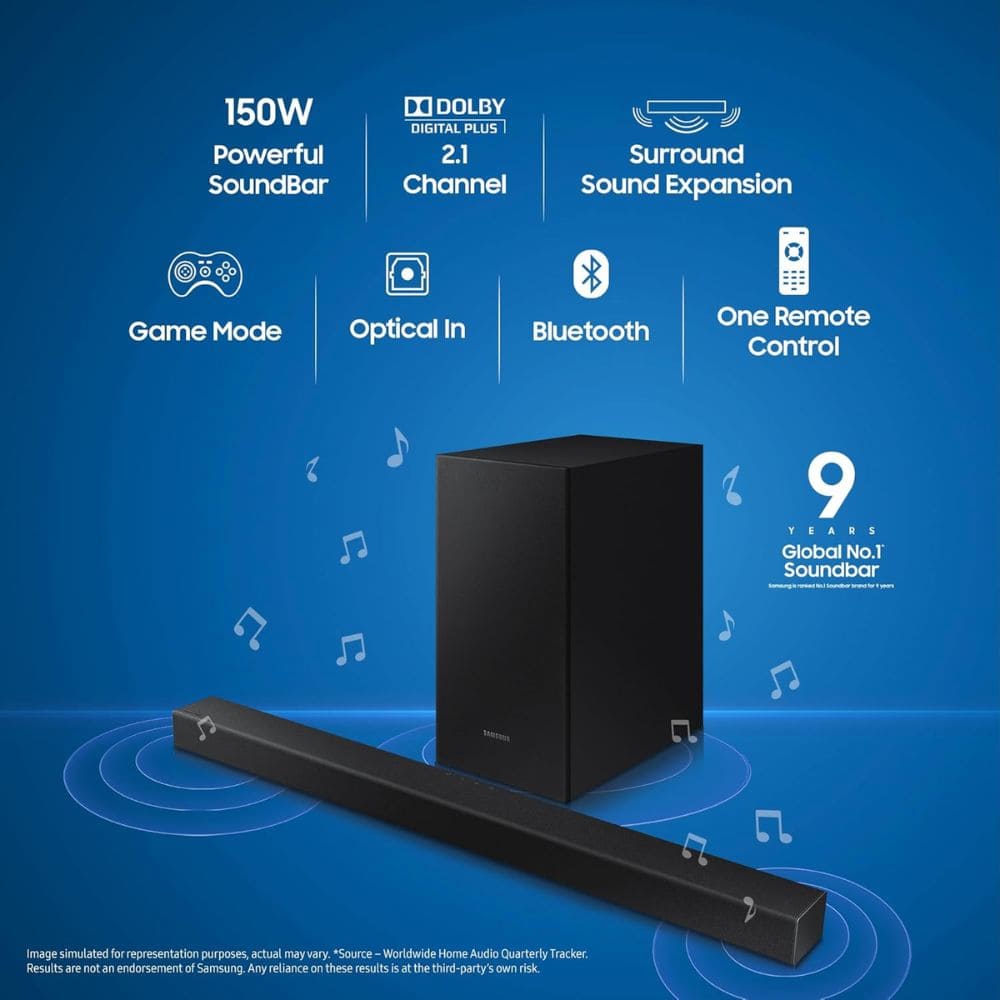 Samsung 150 Watts Dolby Digital Soundbar (HW-T42E/XL, Black, 2.1 Channel)