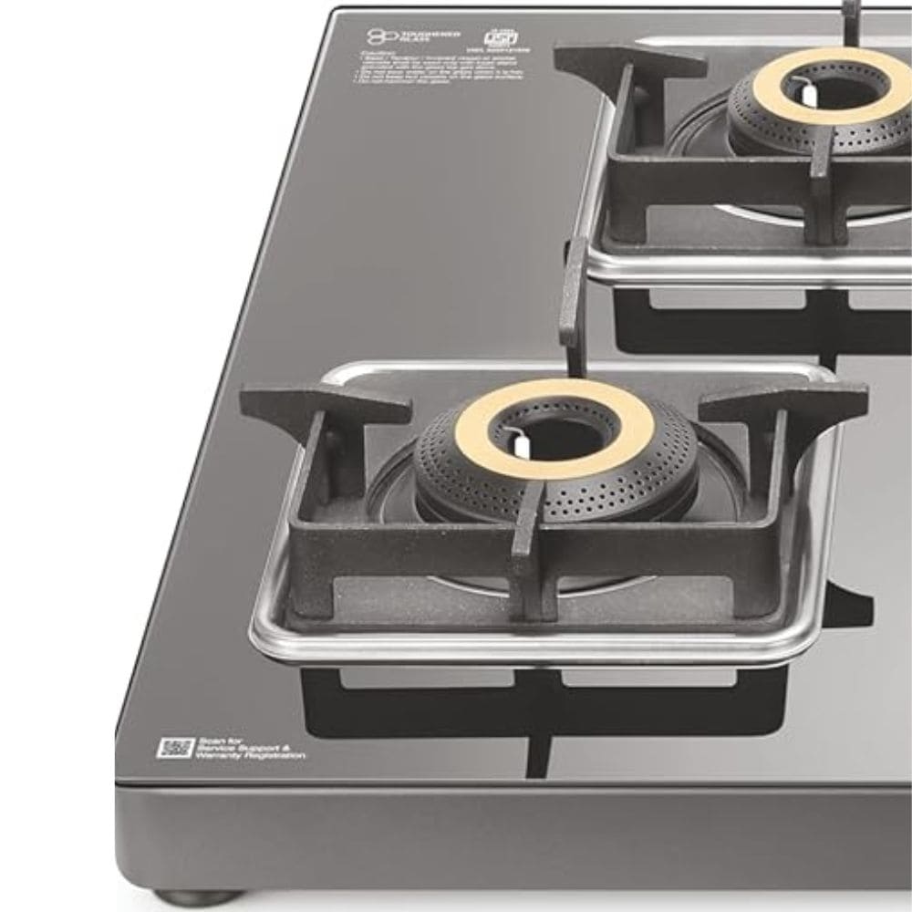 Sujata Cooktop Premium AI, 4 Burner Glass Top Auto Ignition Forged Brass Burner Gas Stove (Black)