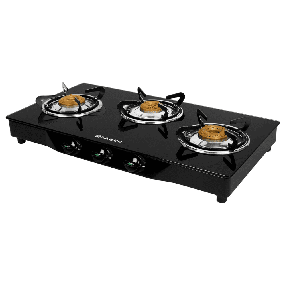 Faber Cooktop, Jumbo 3BB BK, 3 Burner 77 cm Manual Ignition Glass Top Brass Burners 3 Medium Gas Stove (Black)