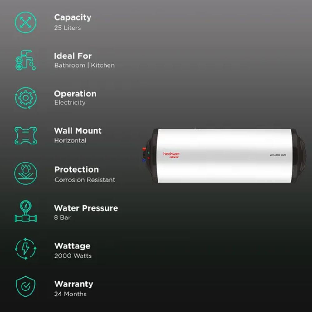 Hindware 25 Ltrs Star, Horizental Storage Wall Mounting Water Heater Geyser (CRISTALLO 25H, White)