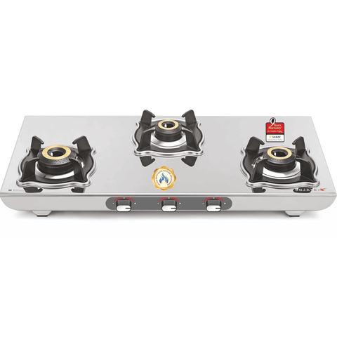 Sujata Cooktop Sterno AI, 3 Burner Auto Ignition Stainless Steel Glossy SS Body Gas Stove (Silver)