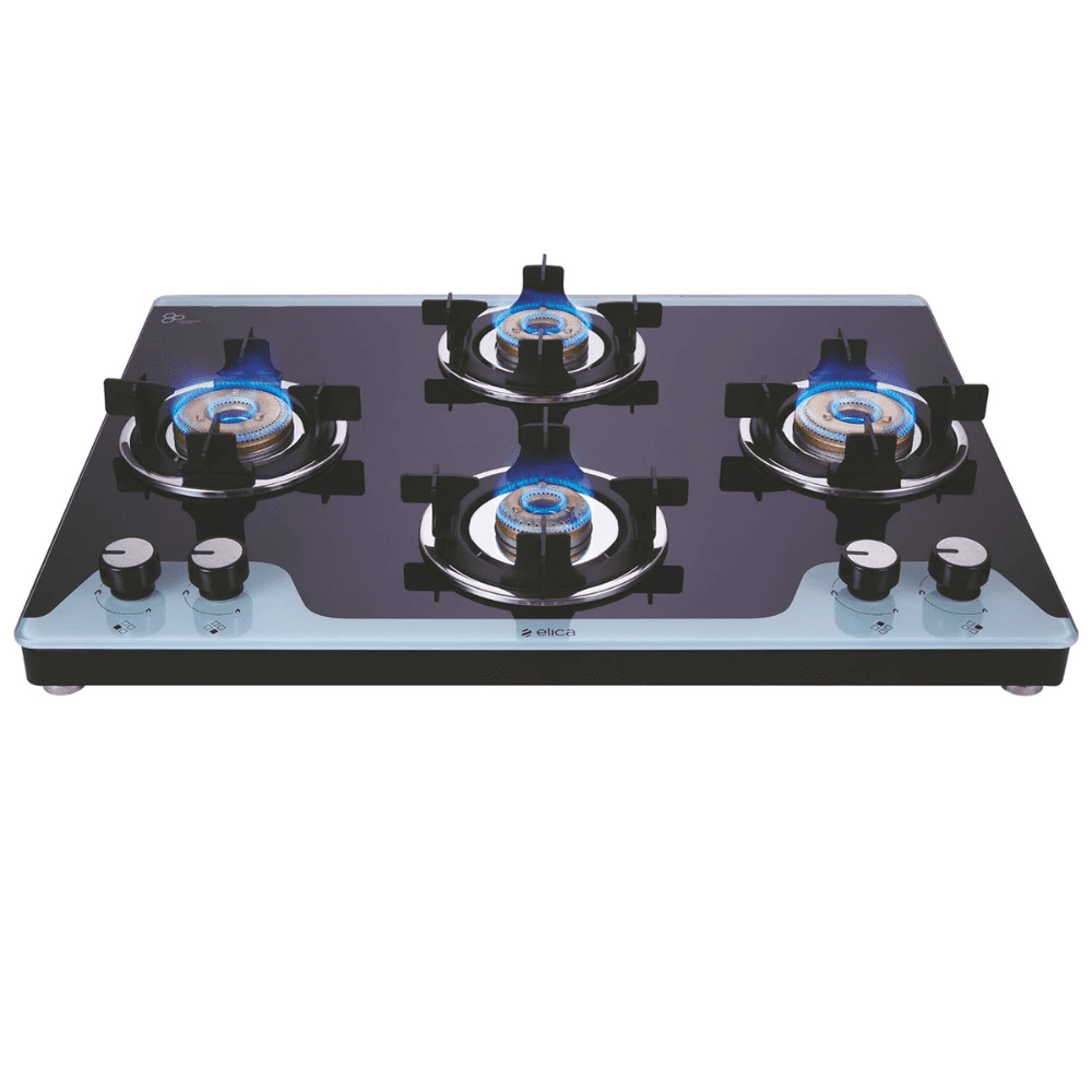 Elica Cooktop, 694CT VETRO2J TKN CROWN DT MI, 4 Burner 94 cm Manual Ignition Top Brass Burners 2 Small 2 Medium Slimmest Gas Stove (Black)