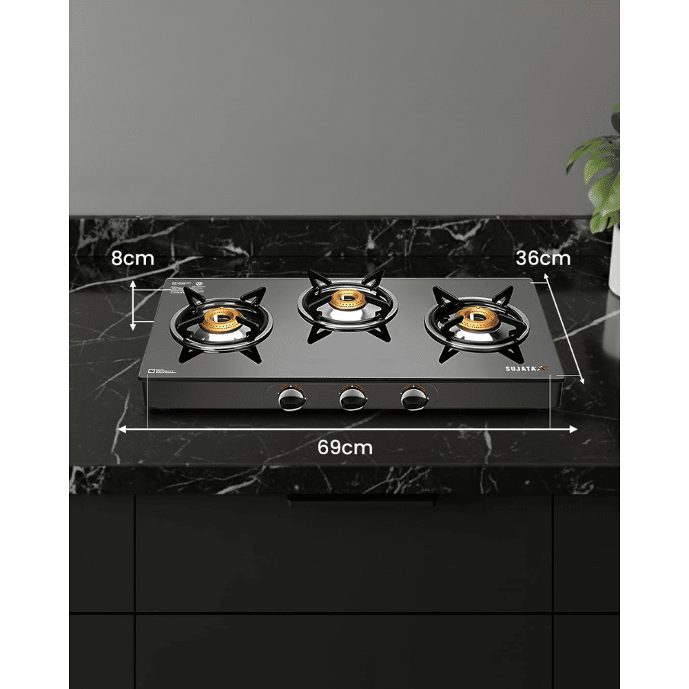 Sujata Cooktop Standard, 3 Burner Glass Top Brass Burner Gas Stove (Black)