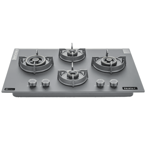 Sujata Hob, 4 Burner 60 cm Auto Ignition Glass Top Brass Burner 1 Larg + 1 Medium + 2 small (Palladium FB 4B60 FFD, Black)