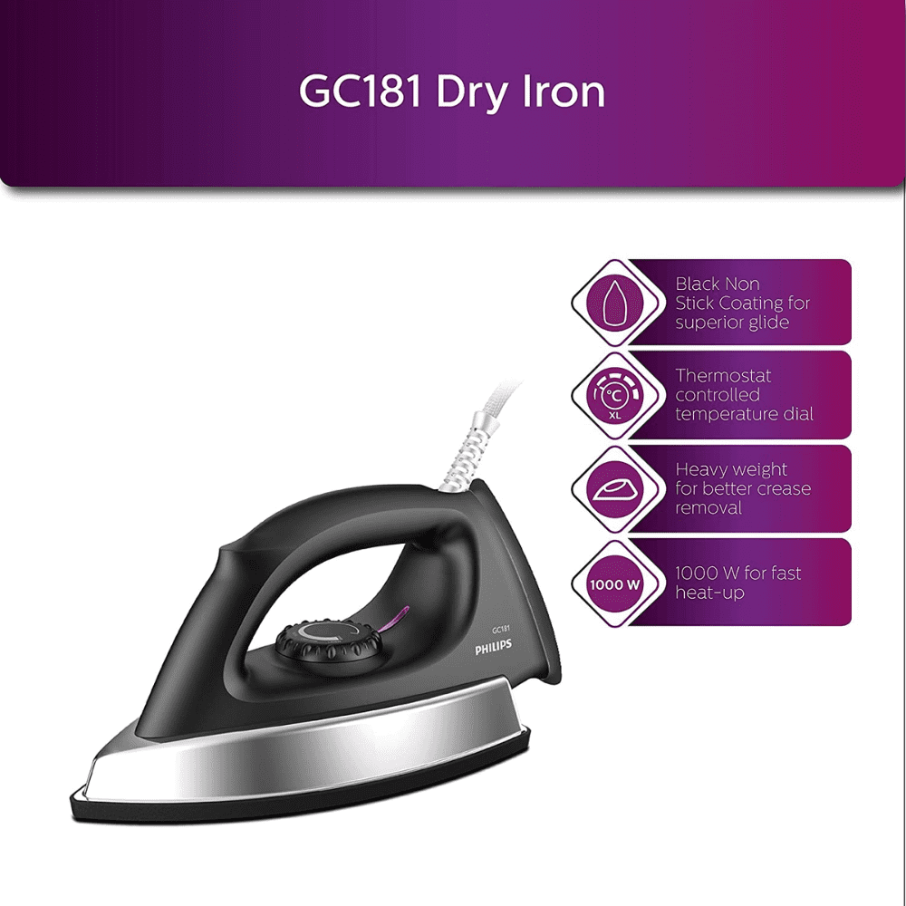 Philips GC181/80, 1000 Watt Dry Iron (Black)