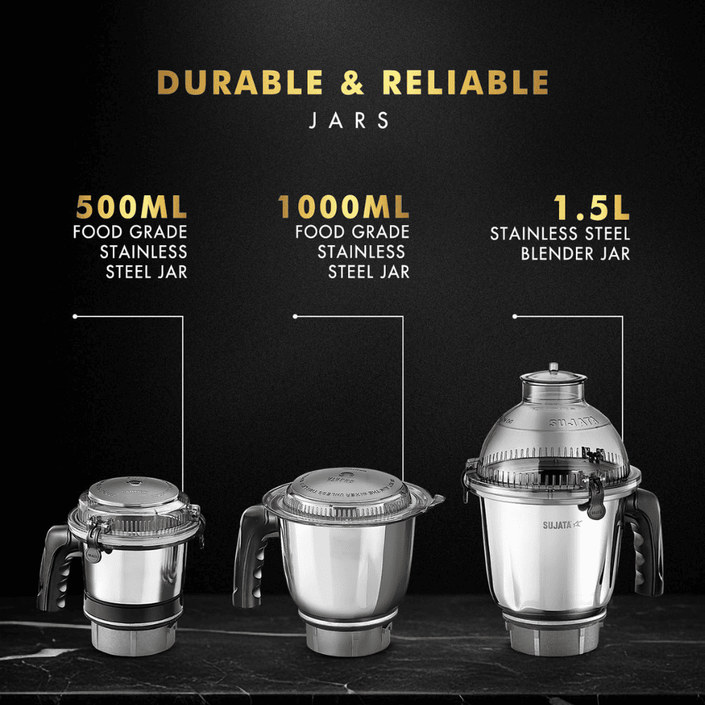 Sujata 1000 Watts motor with double ball-bearings 3 Jars Mixer Grinder (MG02, Black)