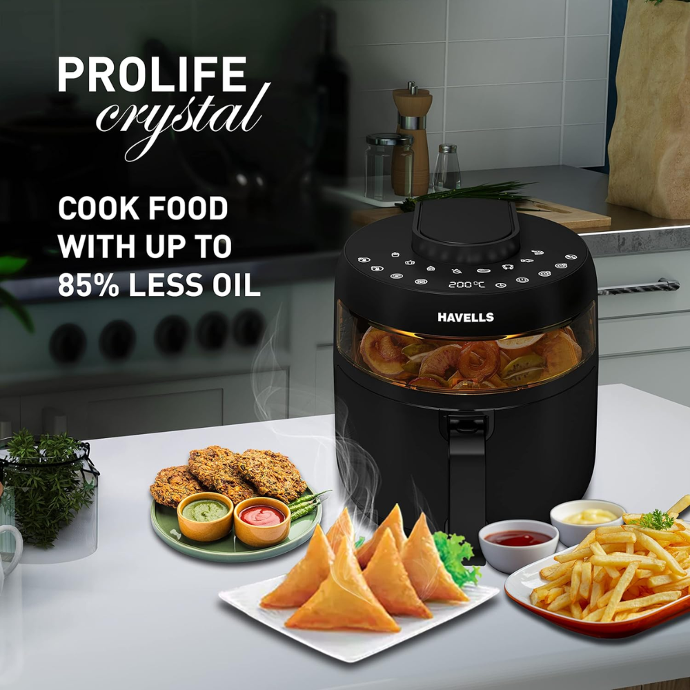 Havells Prolife Crystal, 1500 Watts 5 Litres Touch Screen Electric Air Fryer, Auto Restart Digital Display with Dehydrator Mode 85% Less Oil (Black)