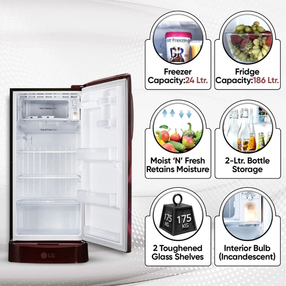 LG 224 Ltrs, 3 Star Direct Cool Single Door Refrigerator (Smart Inverter Compressor, GLD2336ZARW)