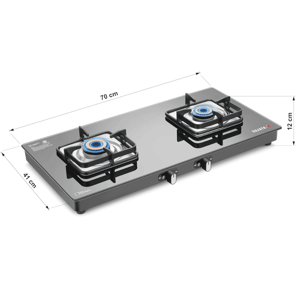 Sujata Cooktop Classic AI, 2 Burner Glass Top Auto Ignition Brass Burner Gas Stove (Black)