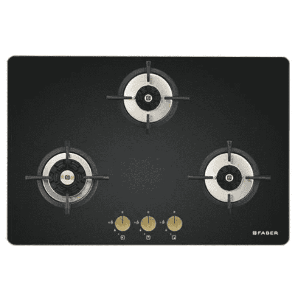 Faber Hob Maxus HT783 CRS BR CI AI, 3 Burner 78 cm Auto Electric Ignition Glass Top Brass Burners 3 Medium Gas Stove (Black)