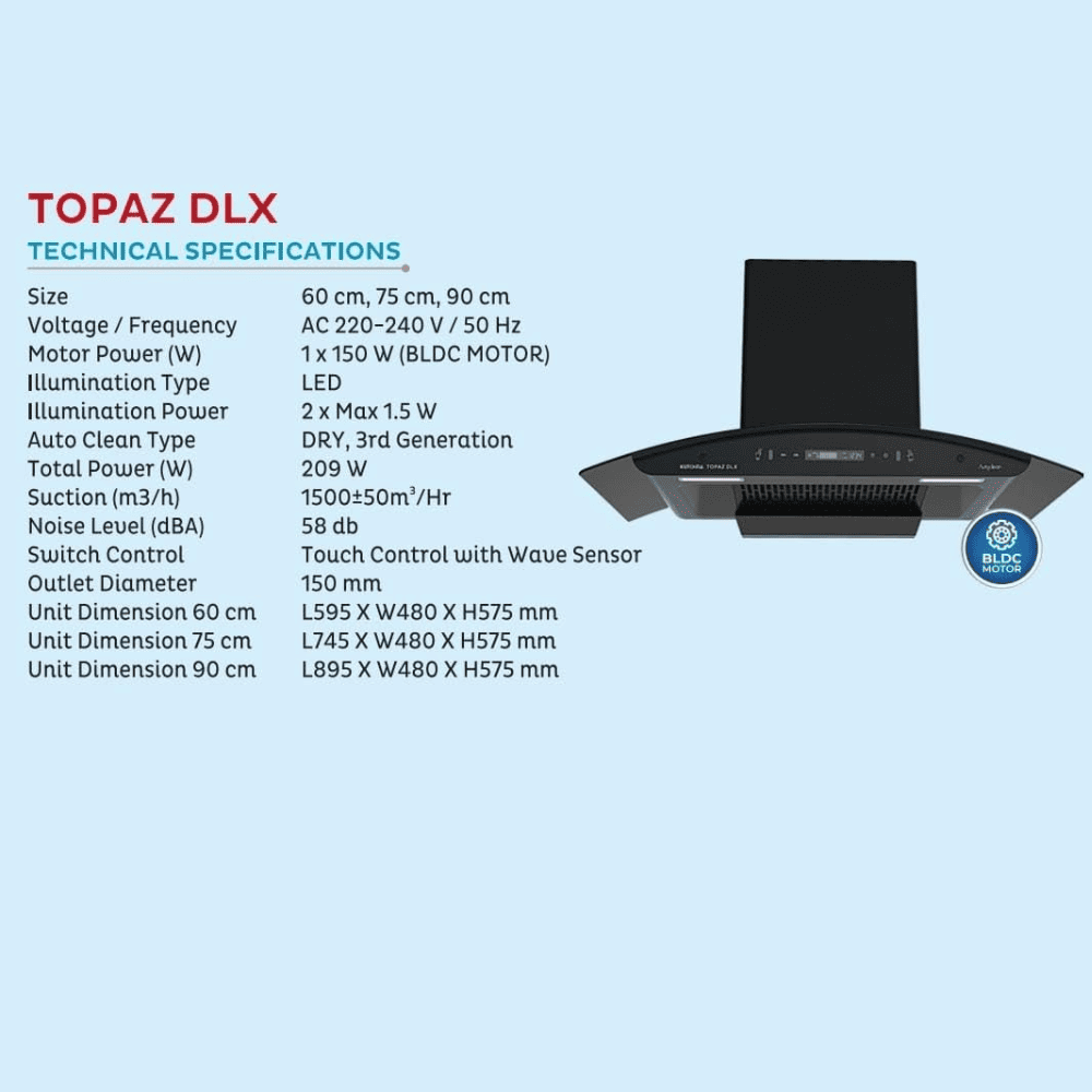 Sujata Topaz, 60 cm 1250 m3/hr Autoclean Kitchen Chimney with Filterless technology (Black)