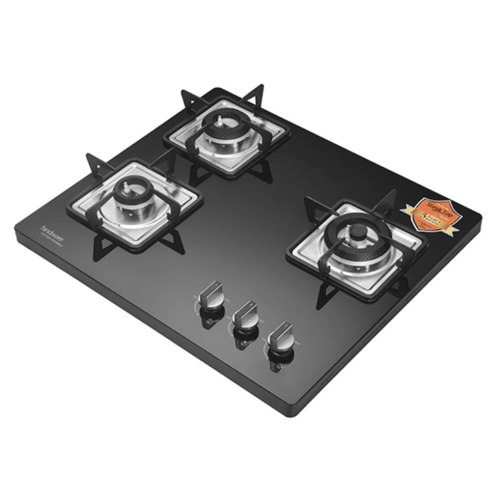 Hindware Hob, ROSIA 3B 60CM, 3 Burner 60 cm Auto Ignition Glass Top Stainless Steel Burners 2 Medium + 1 Small Gas Stove (Black)