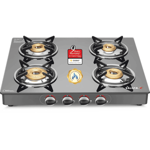 Sujata Cooktop Standard AI, 4 Burner Glass Top Auto Ignition Brass Gas Stove (Black)