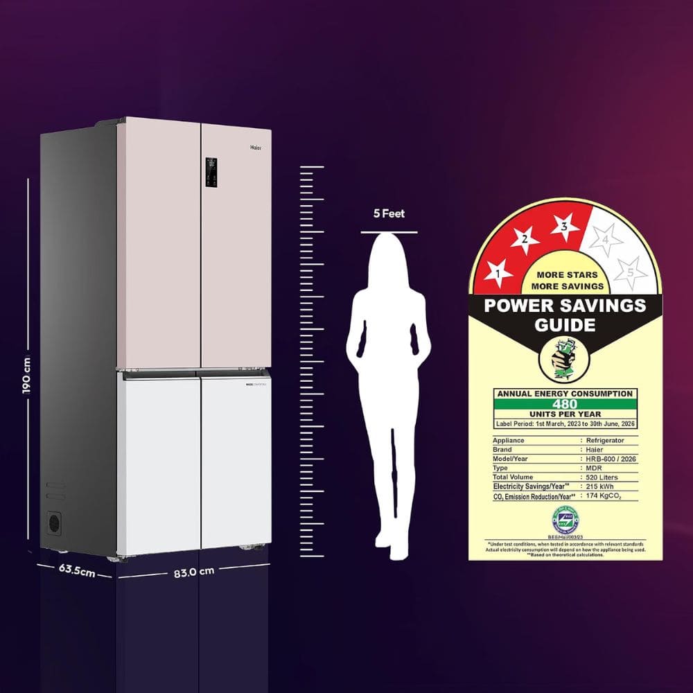 Haier 520 Ltrs, 3 Star Lumiere Frost Free Triple Inverter French Door Side by Side Refrigerator (HRB 600RW, Rosette White)
