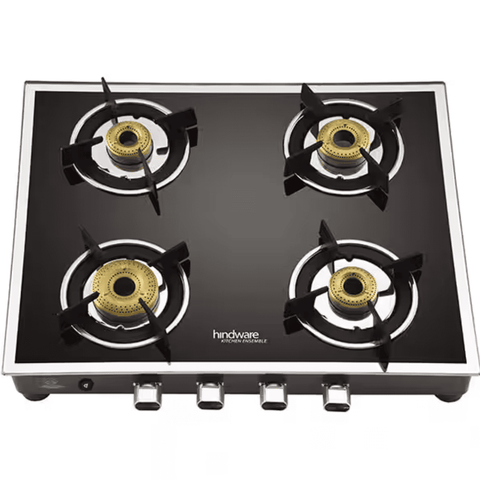 Hindware Cooktop, VEGO 4B BLK, 4 Burner Auto Ignition Glass Top Forged Brass Burner 1 Big + 1 Medium + 2 small Gas Stove (Black)