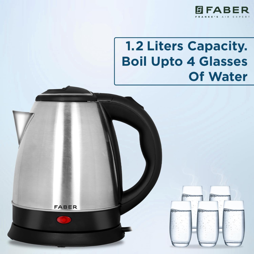 Faber FK 1.5 SS, 2200 Watts 1.5 Litres Stainless Steel Electric Kettle, Mirror polish SS Body (Black)