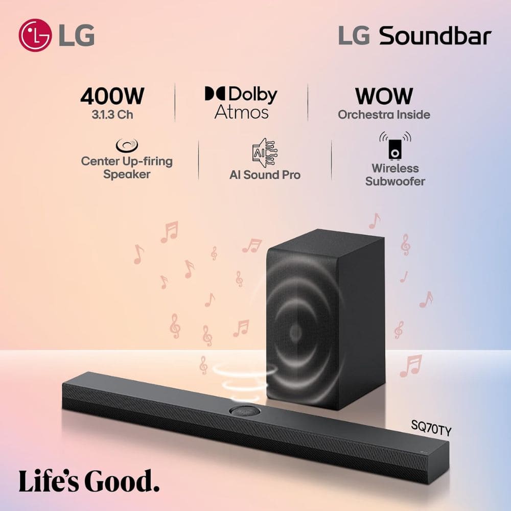 LG 400 Watts Wireless Dolby Atmos True with Subwoofer Soundbar ( SQ70TY, 3.1 Channel)