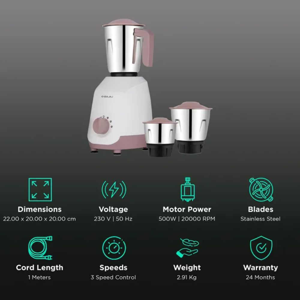 Bajaj MG Ninja 500 Watts 3 Jars Mixer Grinder ( Series Gracio,White & Lilac)