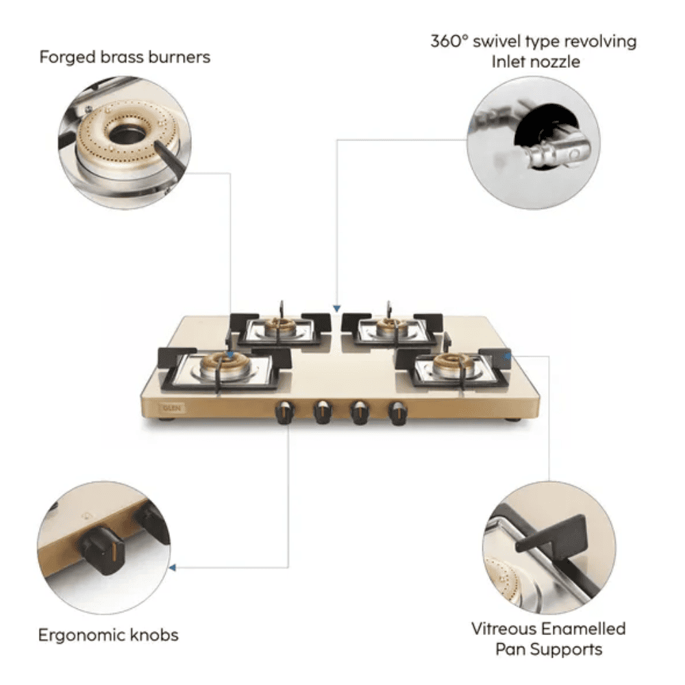 Glen Cooktop, 1035 4k Ultra SLIM APRICOT AI, 3 Burner 78 cm Manual Ignition Glass Top Brass Burners 1 High Flame +1 Big + 1 Small Gas Stove (Black)
