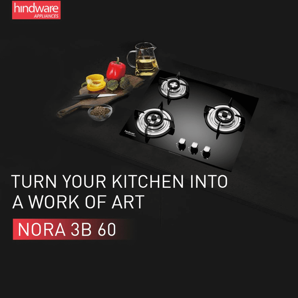 Hindware Hob, NORA PLUS 3B 60CM, 3 Burner 60 cm Auto Ignition Glass Top Stainless Steel Burners 2 Medium + 1 Small Gas Stove (Black)
