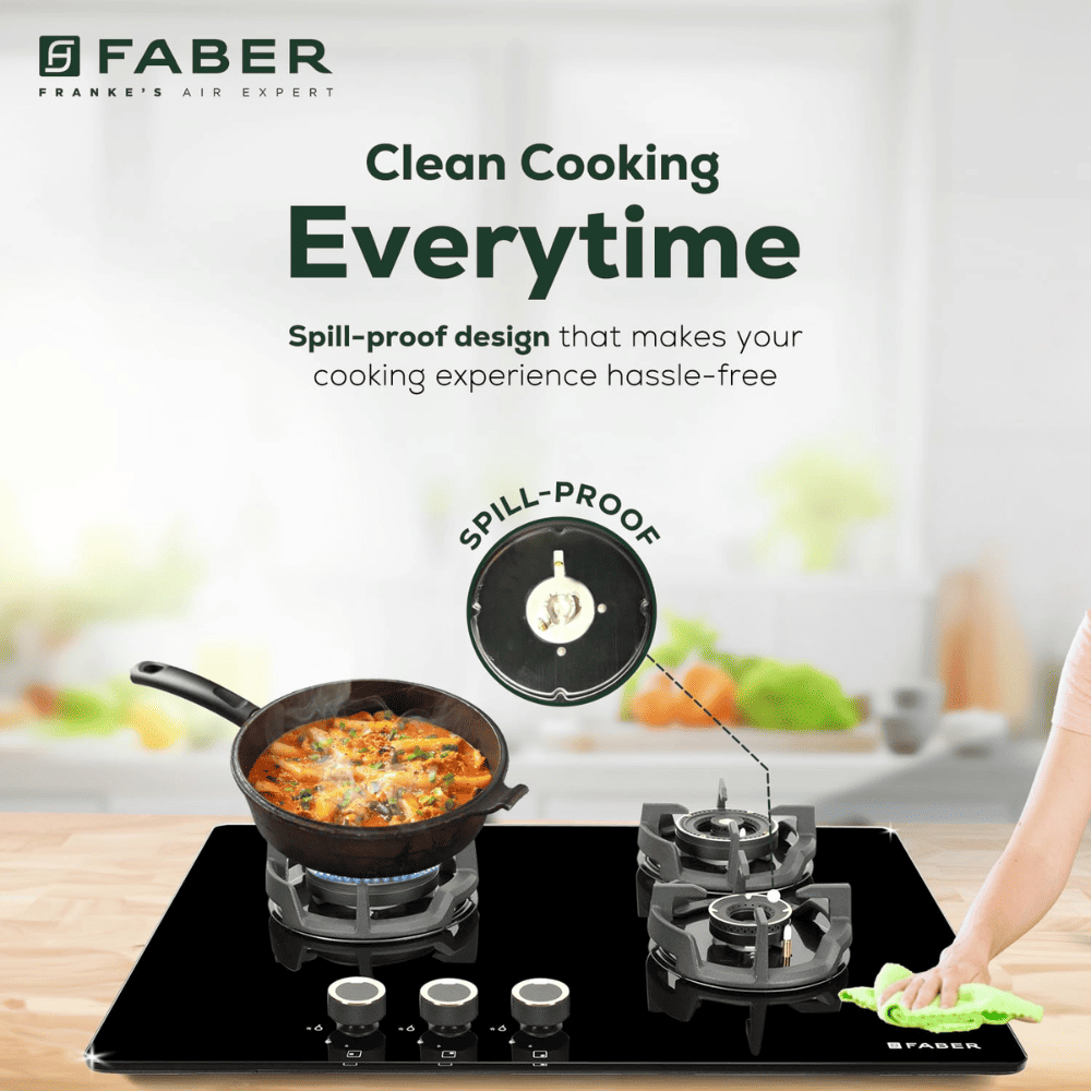 Faber Hob EXPERIA HT703 ALU AI, 3 burner 70 cm Auto Ignition Glass Matt Finish Brass Burners 1 Medium + 1 Small + 1 High (Black)