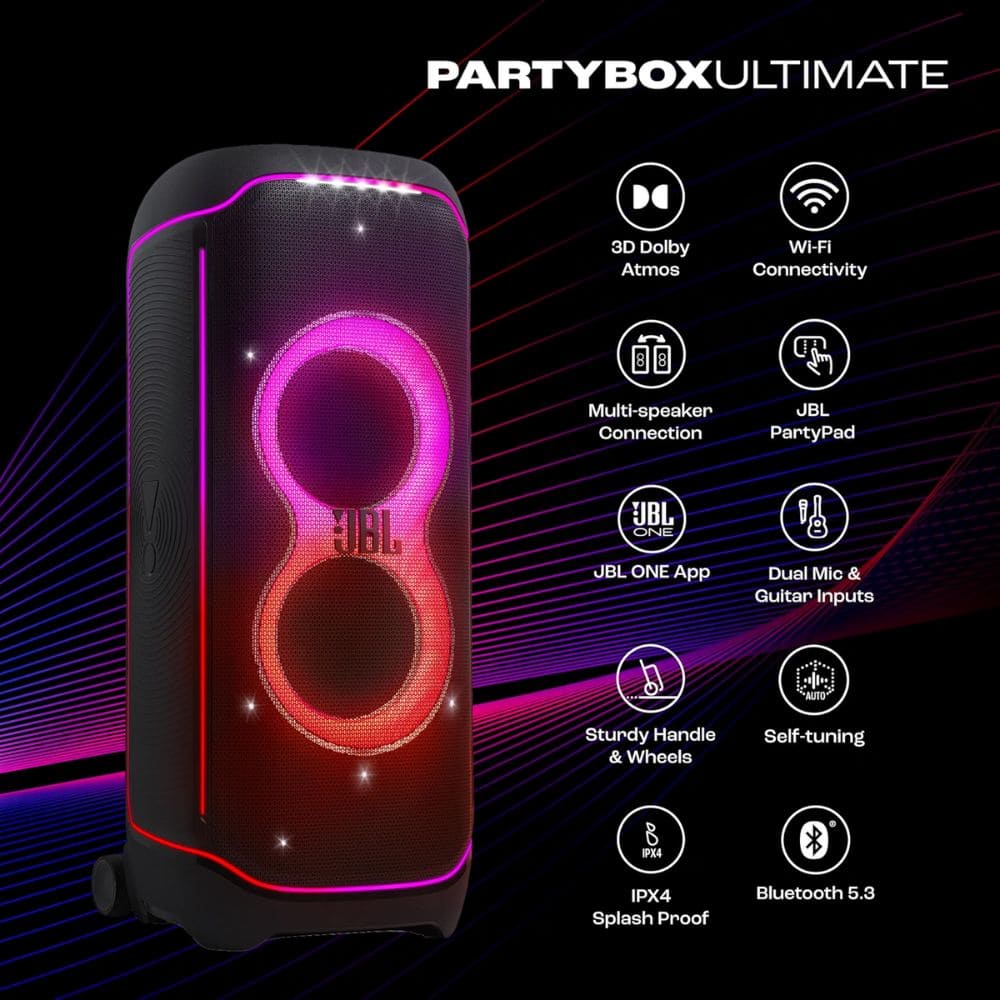 JBL Partybox Ultimate, Dynamic Lightshow with Dual Mic with Guitar Inputs Soundbar (JBLPARTYBOXULTIN, Black)