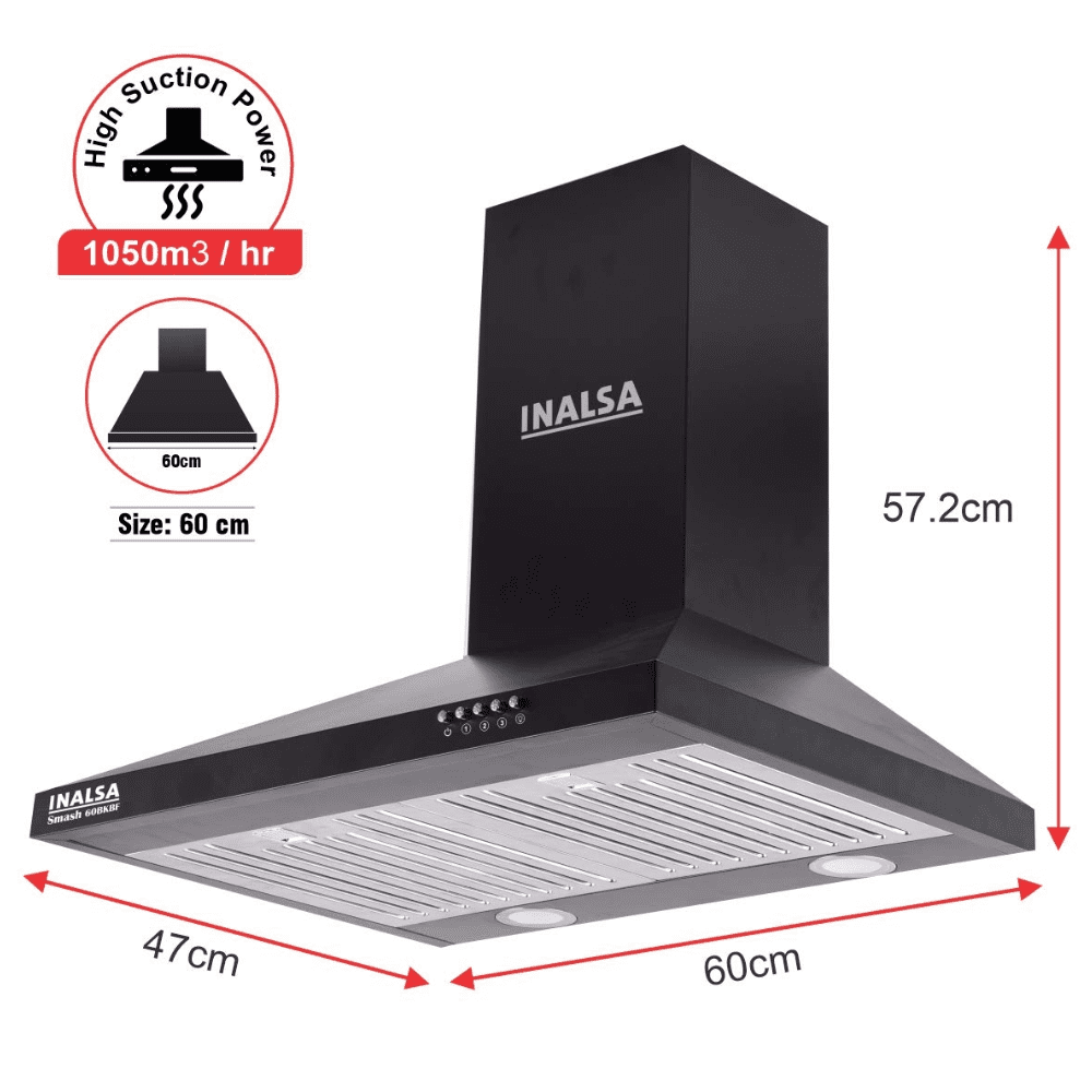 Inalsa SMASH60 BK BF INALSA, 60 cm 1050 m3/hr Auto Clean Filterless Wall Mounted Chimney (Black)