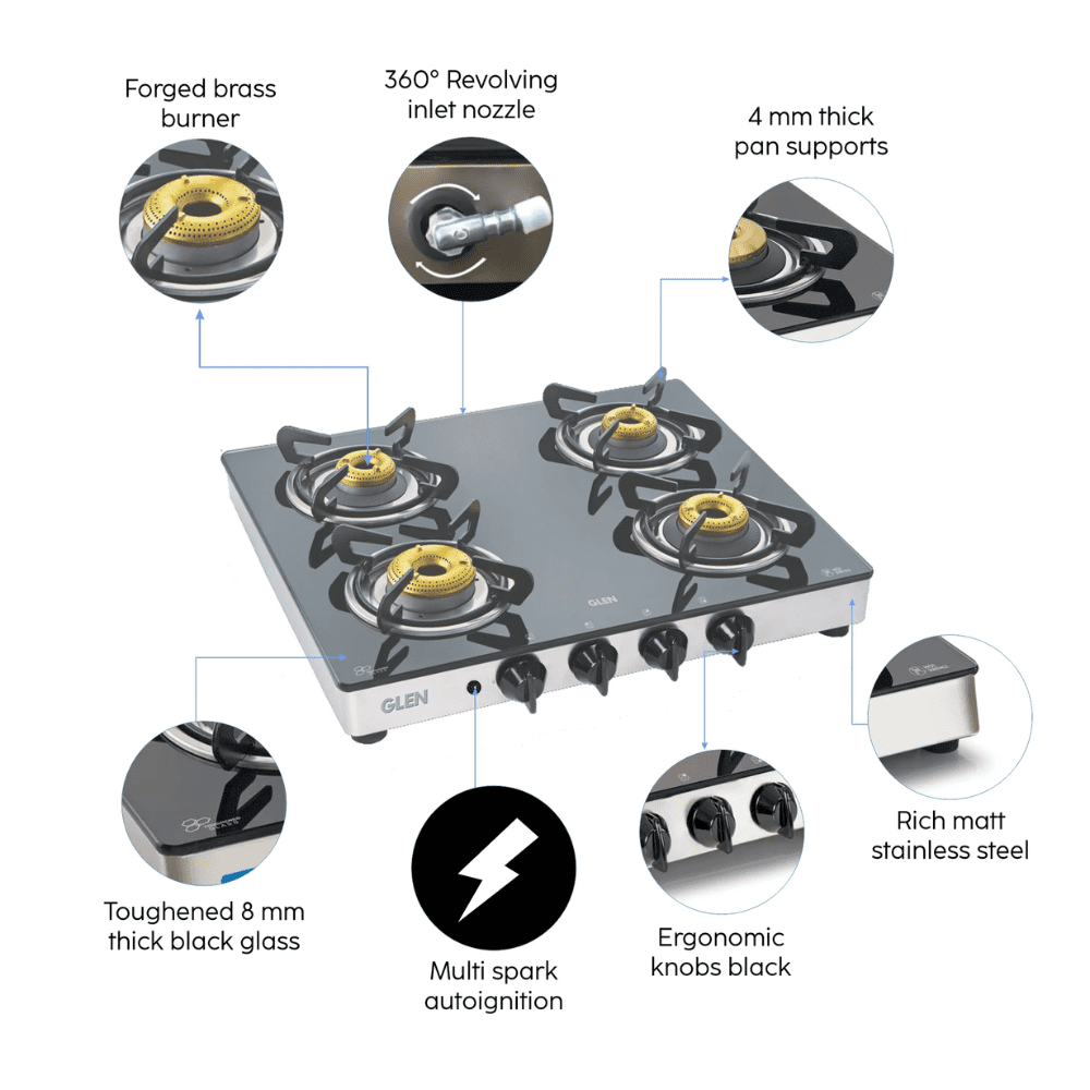 Glen Cooktop, 1042 GT AI FORGED BB MIRROR, 4 Burner 60 cm Manual Ignition Glass Top Mild Steel Burners 4 Medium Gas Stove (Black)