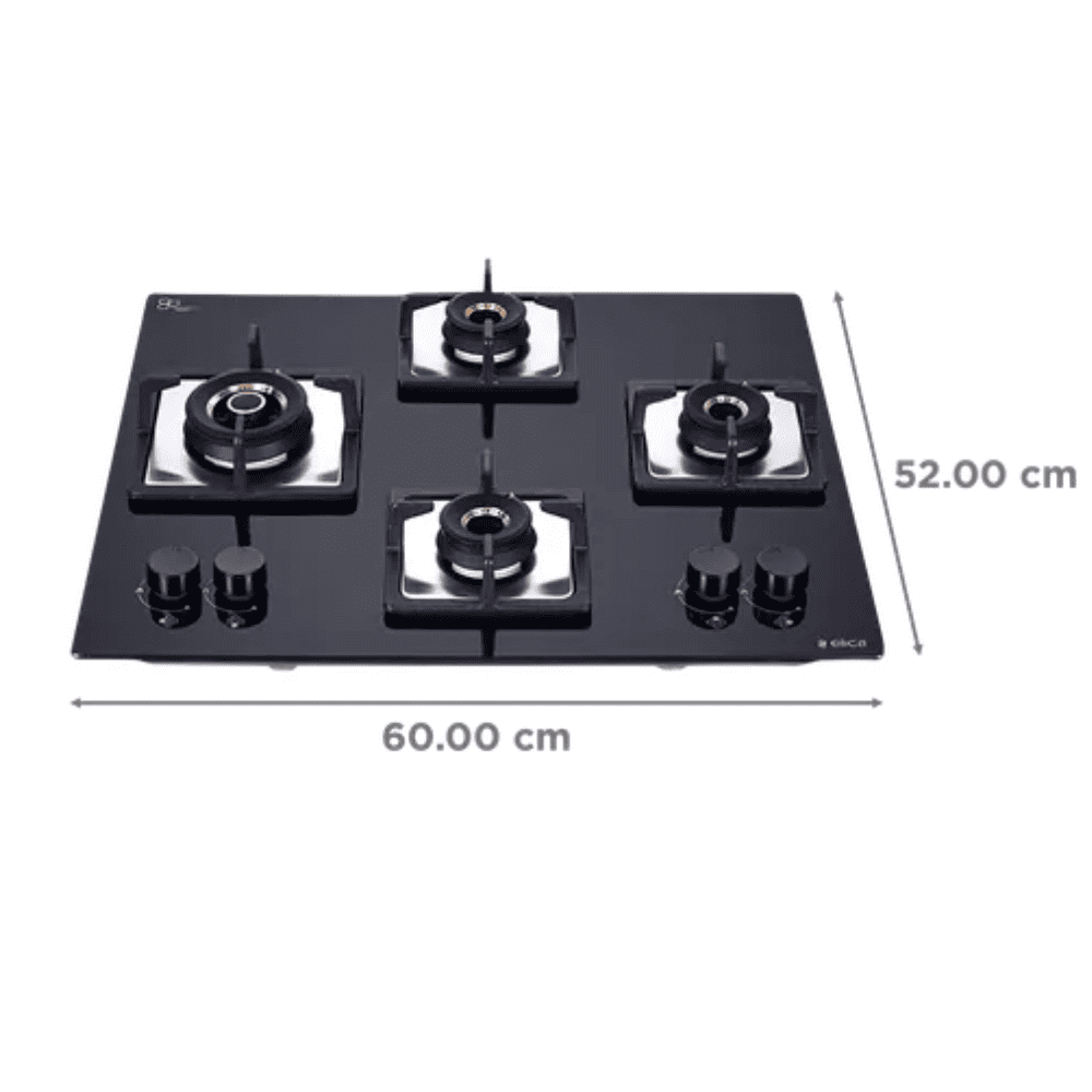 Elica Hob, FLEXI AB HCT460, 4 burner 60 cm Auto Ignition Glass Top Full Brass Burners 2 Medium + 1 Small + 1 High Gas Stove (Black)