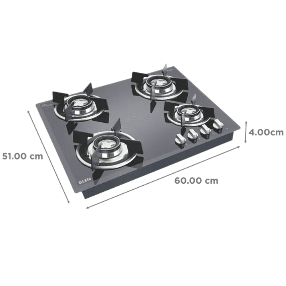 Glen Hob , 1064 RO HT DB, 4 Burner 64 cm Auto Ignition Glass Stainless Steel Burners 2 Medium + 1 small +1 High (Black)