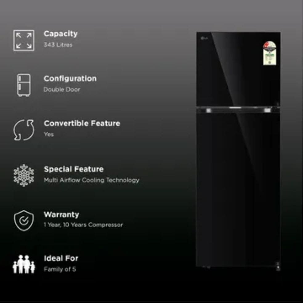 LG 343 Ltrs, 2 Star Frost Free Double Door Refrigerator (GLT3426SNBM,Black Mirror)