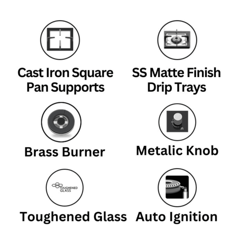 Hindware Hob, GLORIA+ 3B 60CM,  3 Burner 60 cm Gloria Plus Stainless Steel Glass Top Brass Burner 1 Medium +1 High Flame + 1 Small Gas Stove (Black)