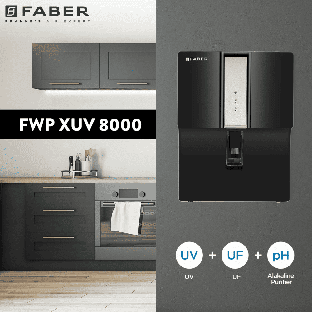 Faber XUV 8000 Alkaline, 7 Ltrs Storage RO + UV + UF Wall Mountable Water Purifier, Black