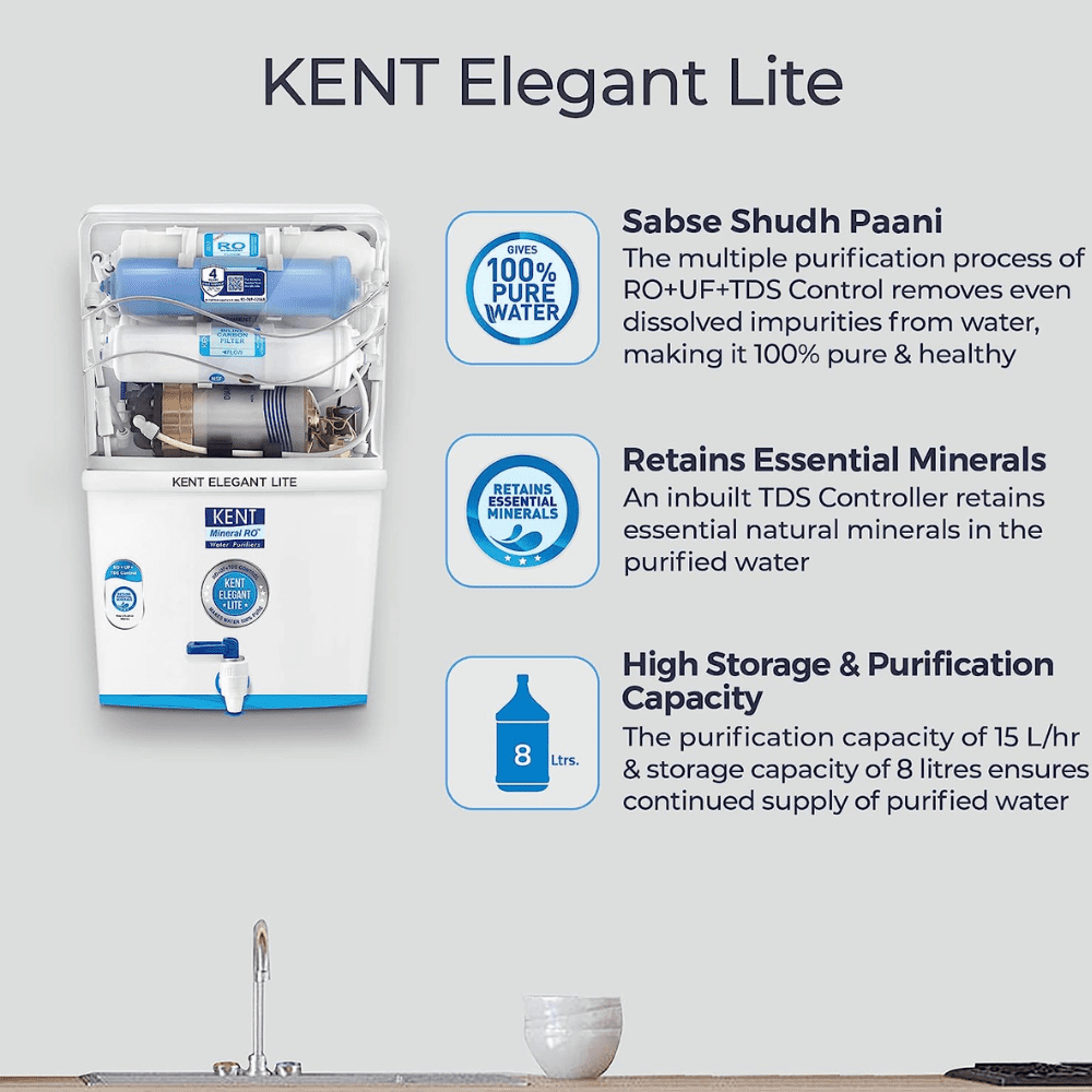 Kent Elegant Lite, 8 Ltrs Storage RO+UF + TDS Control Wall Mountable Water Purifier, White